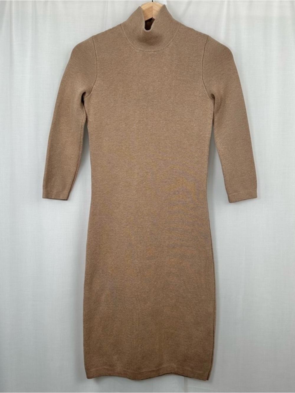 J McLaughlin Camel Knit Sheath Sweater Dress XS Mock Neck Quiet Luxury Career